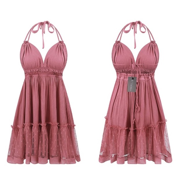 HPx2🥳✨NEW LISTING✨Women Halter Deep V Neck Sexy Patchwork Mini Dusty Rose Dress - Picture 3 of 7